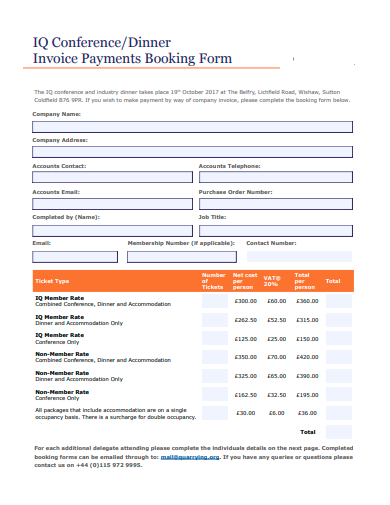 conference invoice payments booking form