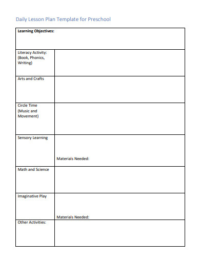 daily lesson plan template for preschool