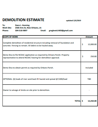 demolition estimate template