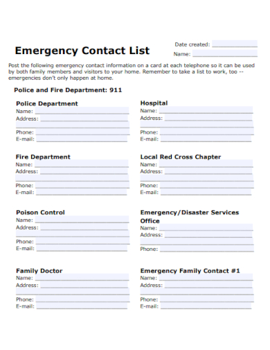 department emergency contact list