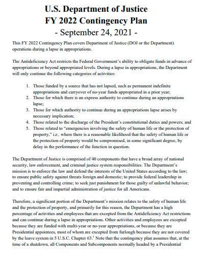 department of justice contingency plan