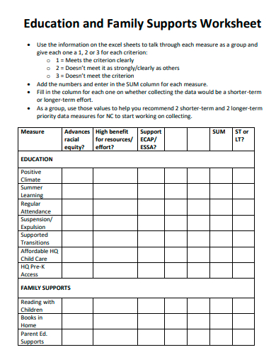 education and family supports worksheet