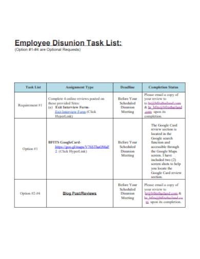 employee disunion task list