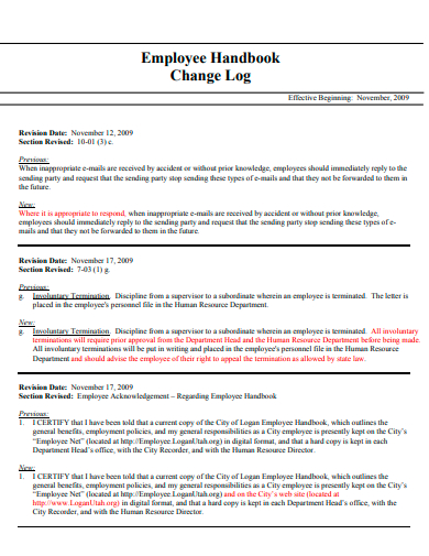 employee handbook change log