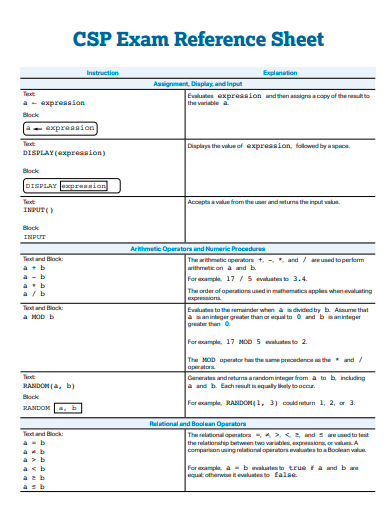 exam reference sheet