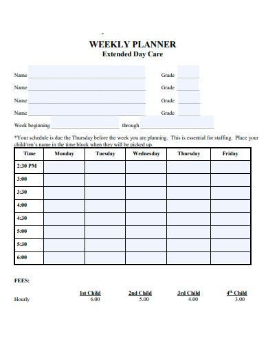 extended day care weekly planner