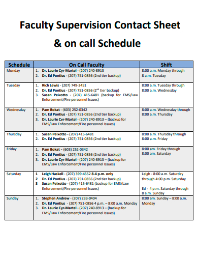 faculty supervision contact sheet and on call schedule