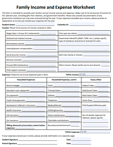 family income and expense worksheet