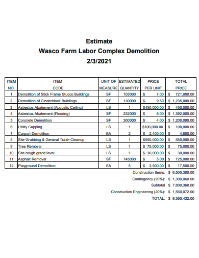farm labor complex demolition estimate