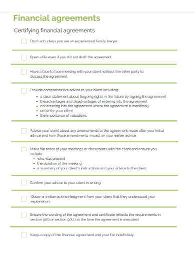 financial agreement checklist template