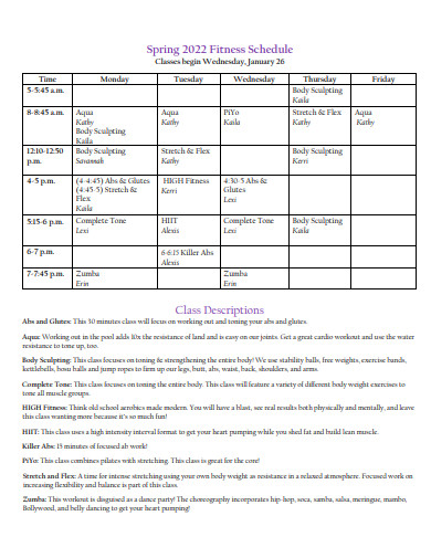 fitness schedule format