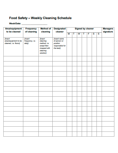 food safety weekly cleaning schedule