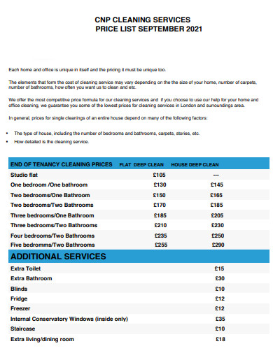 formal cleaning services price list
