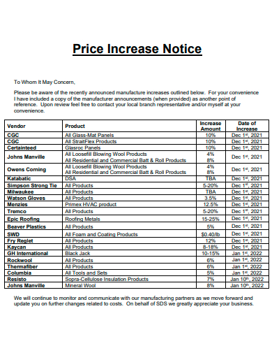 formal price increase notice