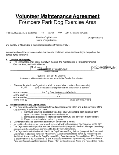 founders park dog volunteer maintenance agreement