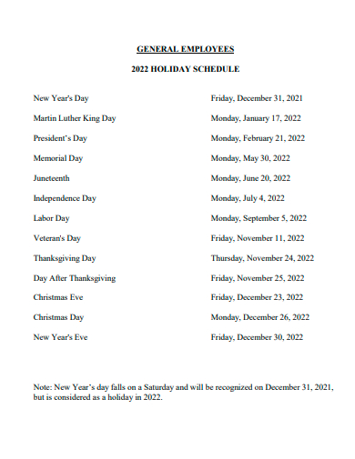 general employees holiday schedule