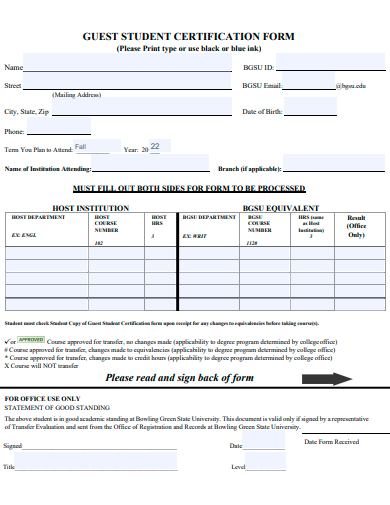 guest student certification form