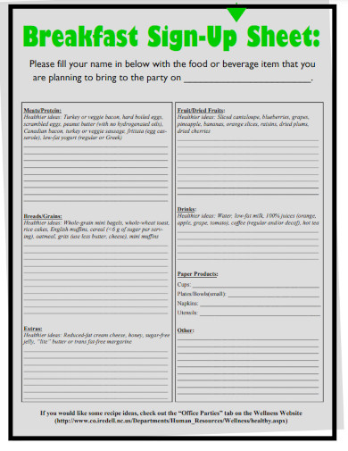 healthy breakfast paper sign up sheet