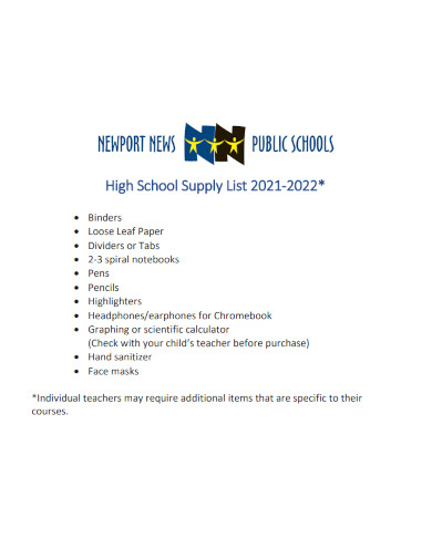 high school supply list