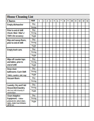 house cleaning list