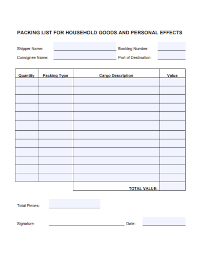 household goods shipping packing list