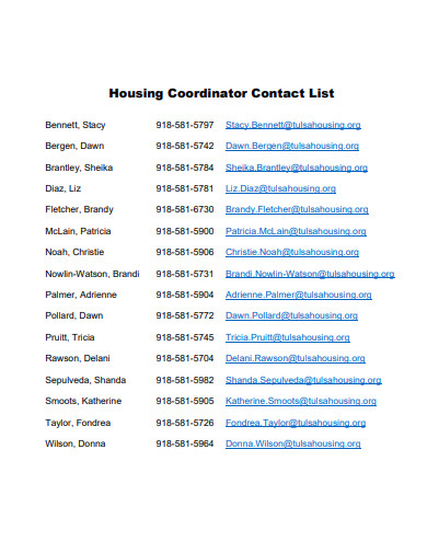 housing coordinator contact list