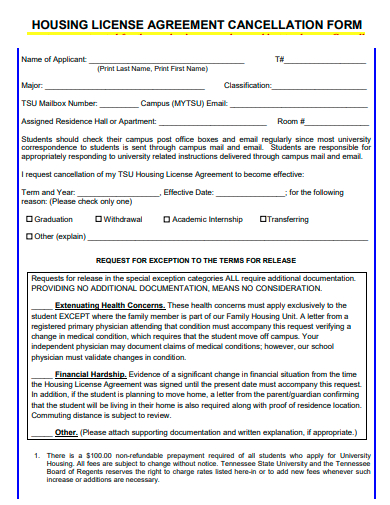 housing license agreement cancellation form