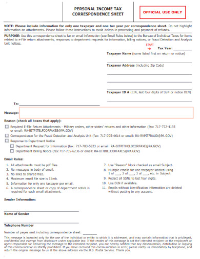 income tax correspondence cover sheet