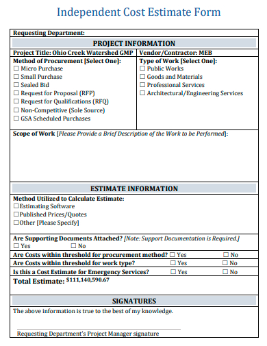 independent cost estimate form
