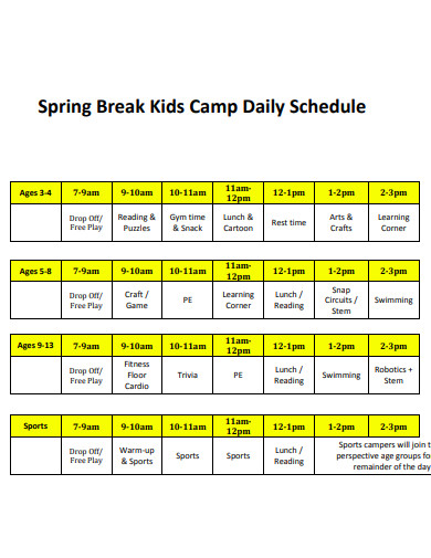 kids camp daily schedule