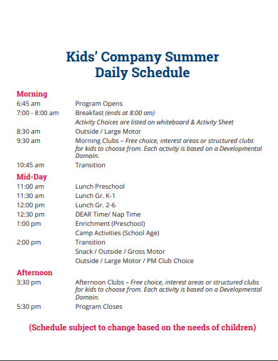 kids company summer daily schedule