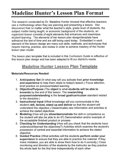 madeline hunter lesson plan format