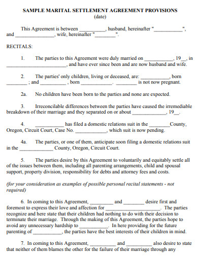 marital settlement agreement provisions