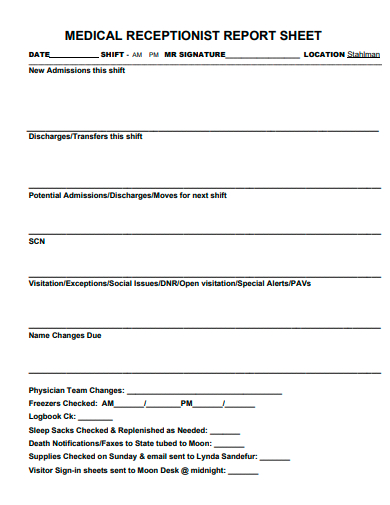 medical receptionist report sheet