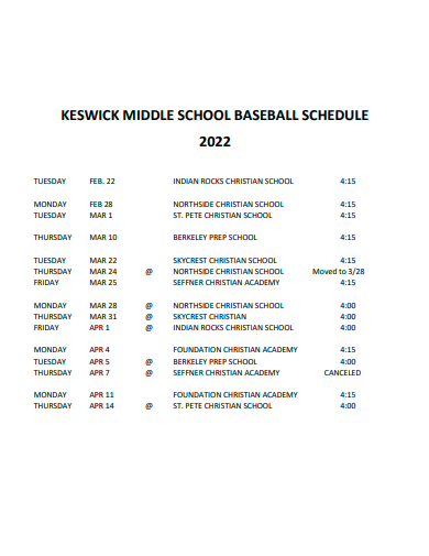 middle school baseball schedule