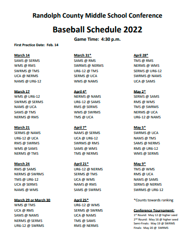 middle school conference baseball schedule