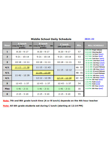 middle school daily schedule