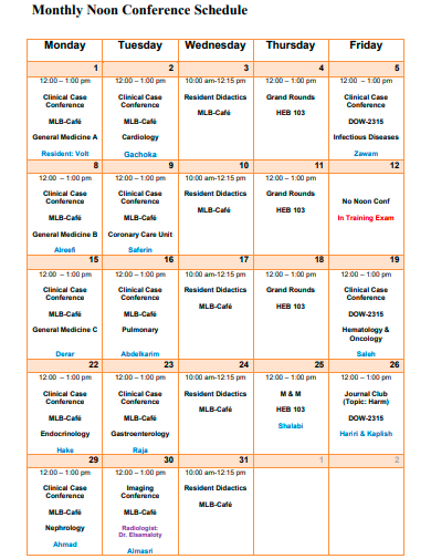 monthly noon conference schedule