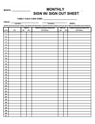 monthly signing sheet