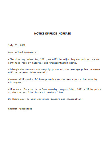 notice of price increase