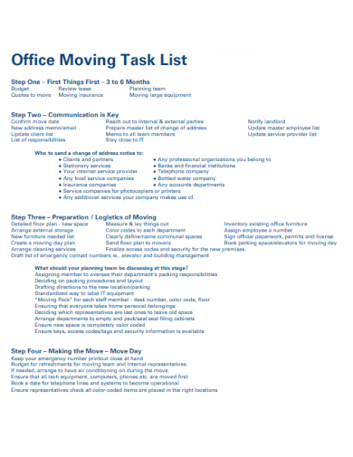 office moving employee task list
