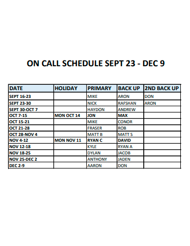 on call schedule example
