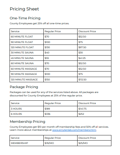 one time pricing sheet