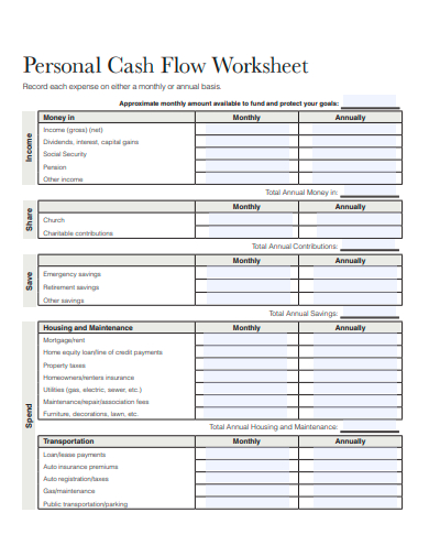 personal cash flow worksheet