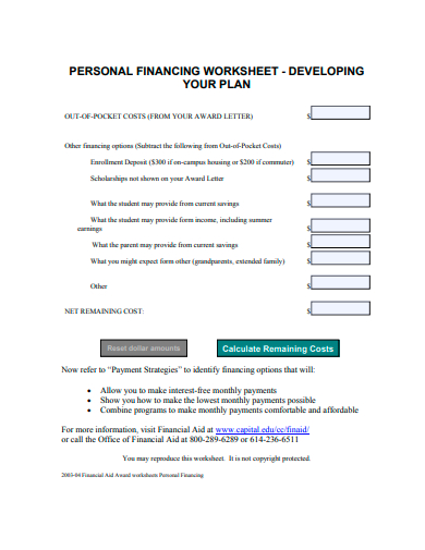 personal financing worksheet