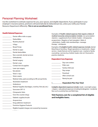 personal planning worksheet