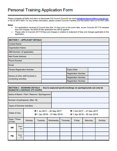 personal training application form