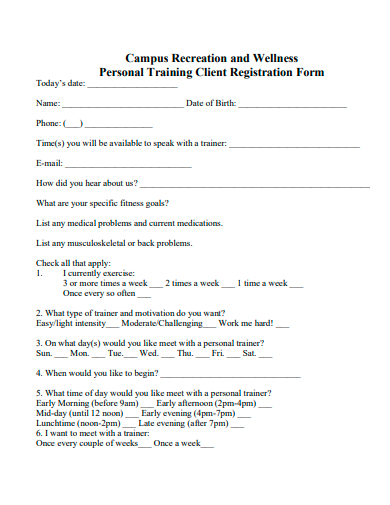 personal training client registration form