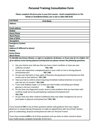 personal training consultation form