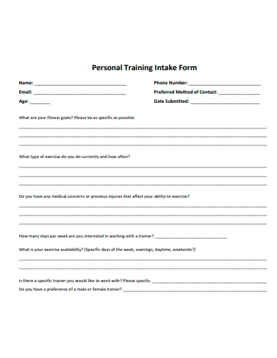 personal training intake form